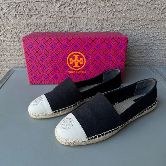 Tory Burch Canvas Black Ivory Color Block Flat Espadrille Size 10.5 Cap Toe - Picture 1 of 14